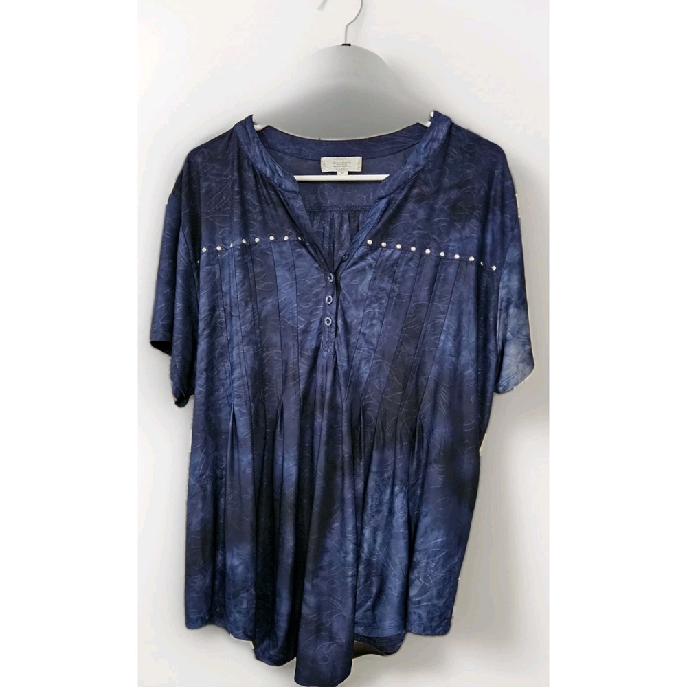 Boho Artsy Blouse Top Women 3XL  Sea Blue Tie-dye Look Rockstuds Lace Flowy #203